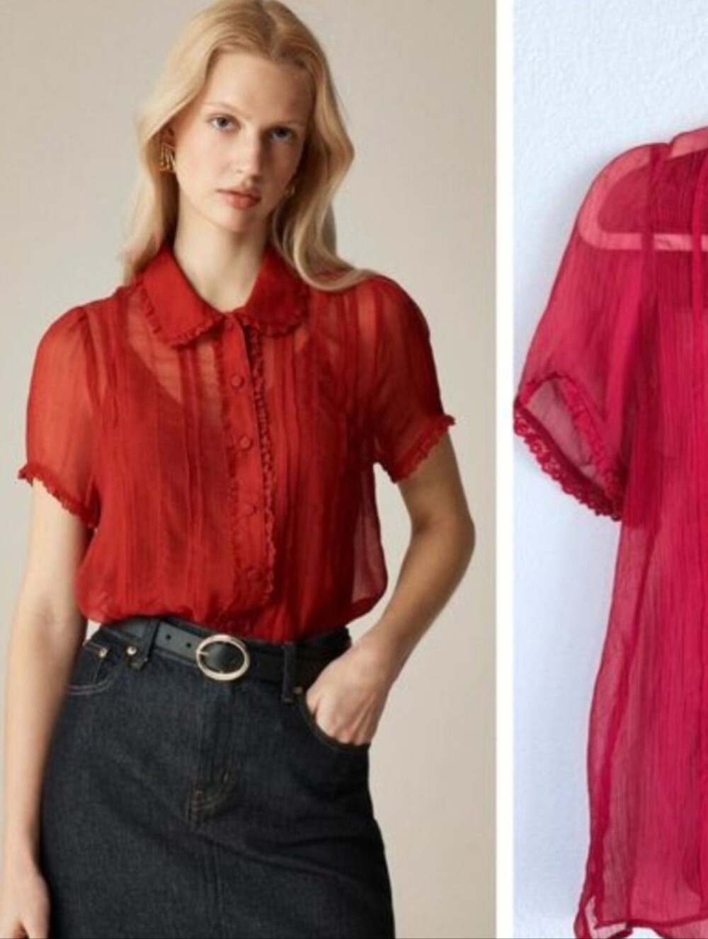 J Crew Sheer Red Chiffon Ruffle Lace Trim Short Sleeve Presley Top 4